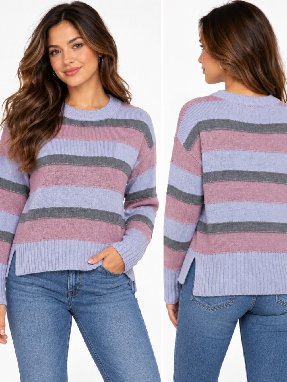 SOHO N.Y. & Co. Women’s XS Striped Knit Sweater Pink Gray Long Sleeve Crewneck